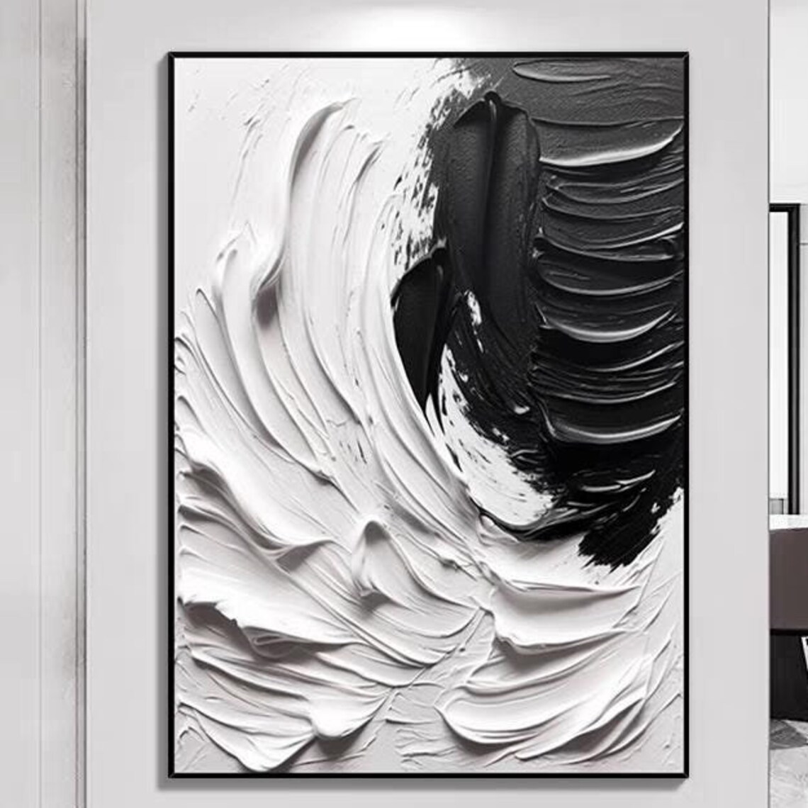 Minimalist Style Oil Painting Hand Painted Contemporary Wall Decor Heavy Textured Art Abstract Black White Acrylic Artwork