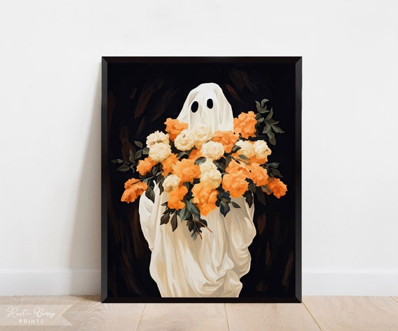Ghost Art Print Oil Painting Wall Art Cute Ghost Holding Orange Flower Bouquet Spooky Halloween Decor Vintage