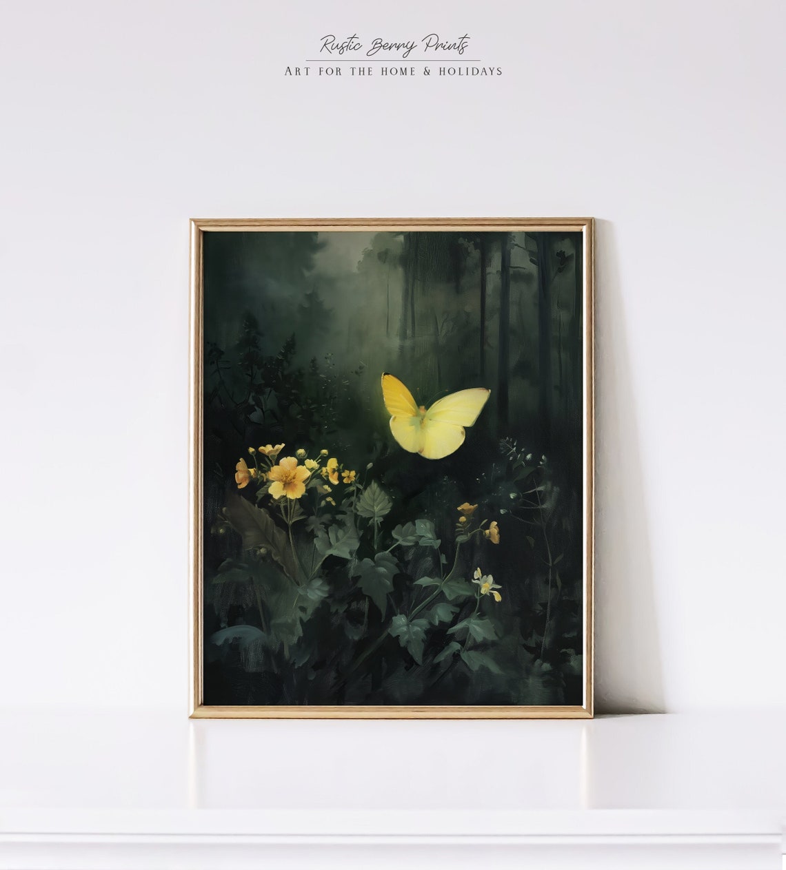 Yellow Butterfly Over Wildflowers Dark Moody Forest Painting Wall Art