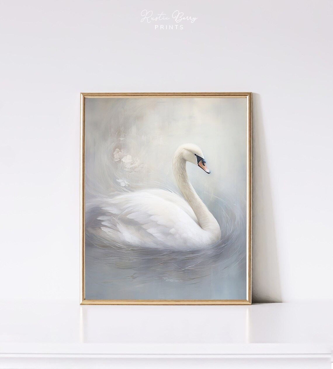 Elegant White Swan Gliding Misty Water Soft Pastel Vintage Art Print