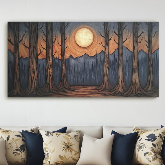 Enchanted Moonlit Forest Layered Wood Wall Art Tall Pine Trees And Silver Glow Mystical Night Scene Handmade 3d Woodwork Canvas Print