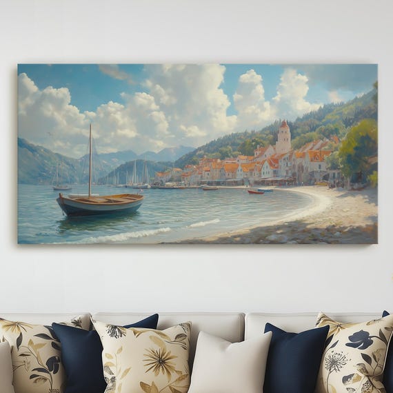 Coastal Village Harbor Scene Fishing Boats Resting In Calm Waters Peaceful Seaside Canvas Painting Nautical Mediterranean Wall Art