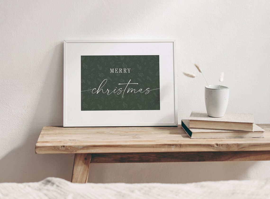 Merry Christmas Forest Green Botanical Horizontal Sign Poster - Image 2