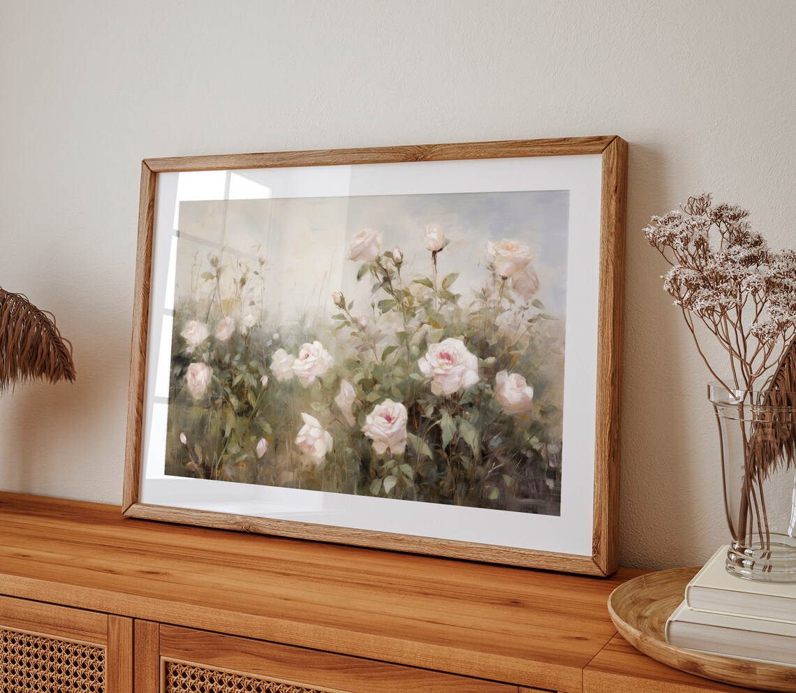 White Rose Bushes In A Misty Morning Garden Floral Painting Poster - Image 2
