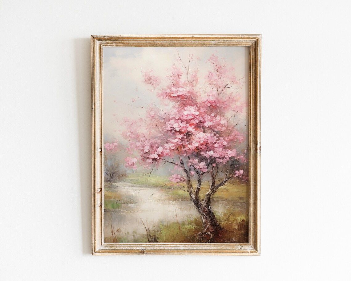 Pink Tree Oil Painting, Farmhouse Botanical Print