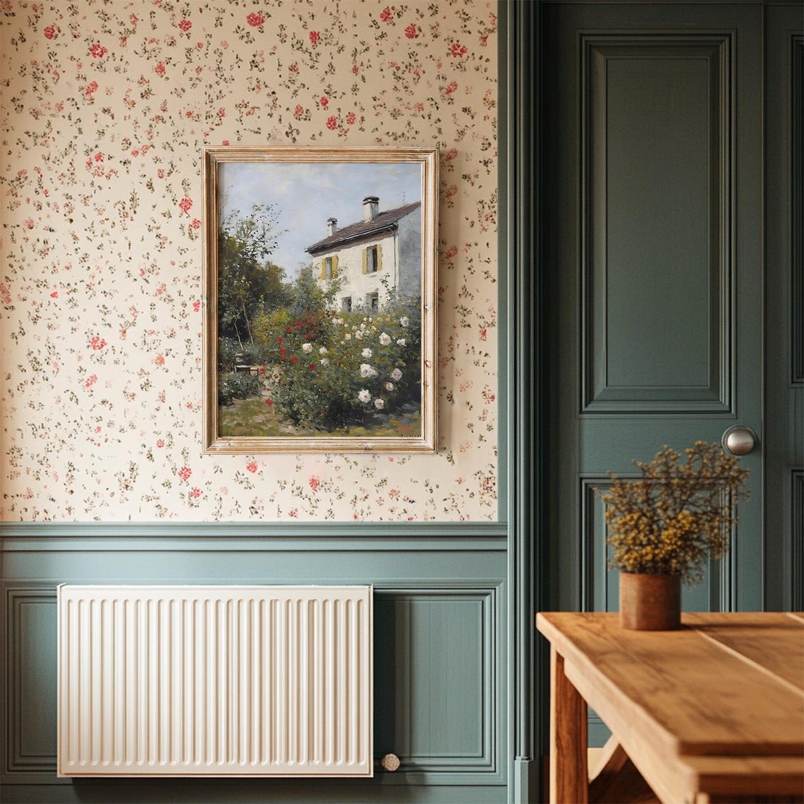 Vintage Cottage Garden Painting French Country Floral Landscape With House Rose Bushes And Trees Vi209 - Image 3