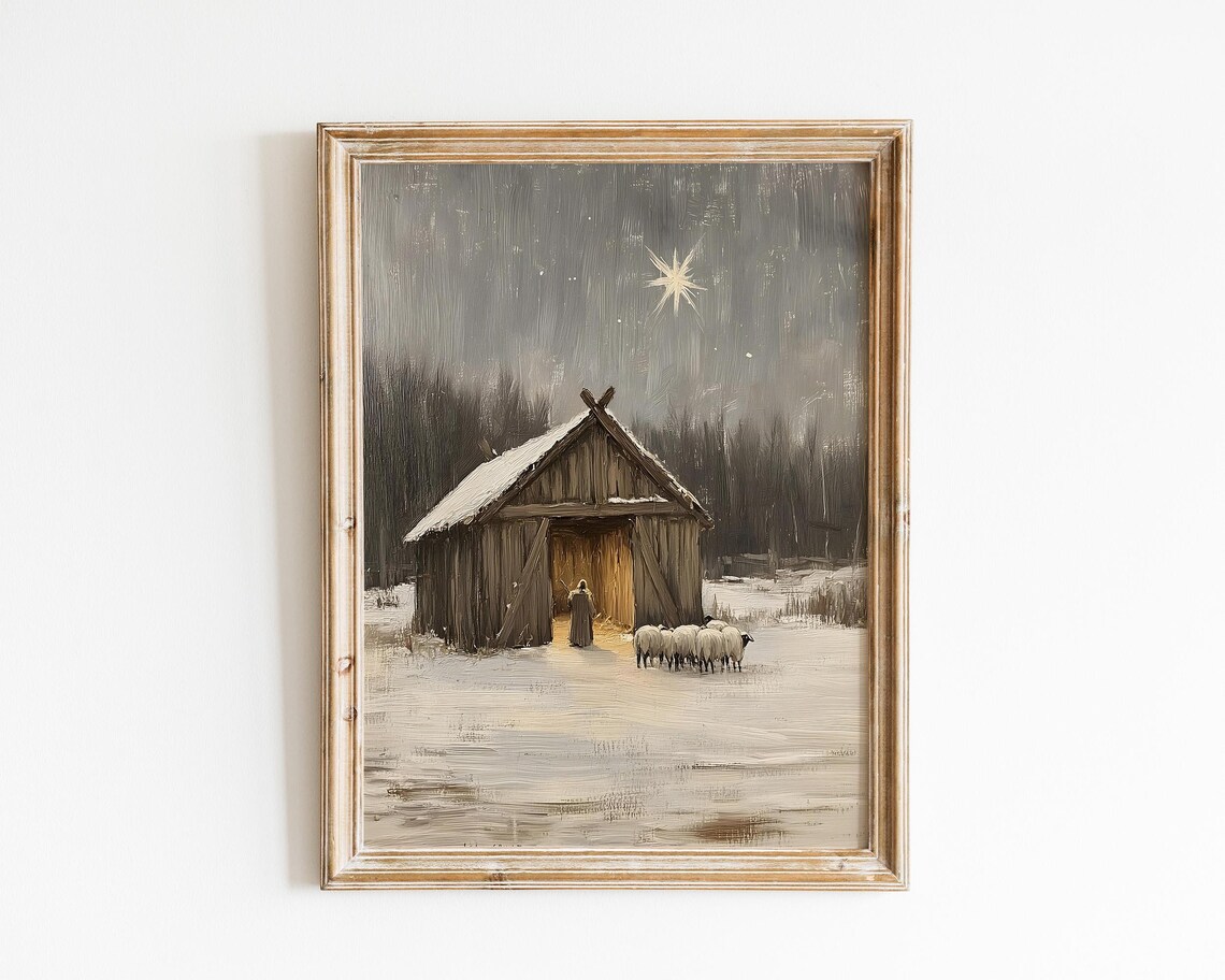Vintage Rustic Nativity Scene, Winter Holiday Art Print