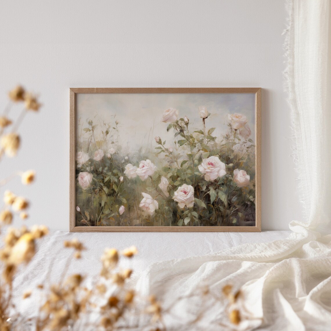 White Rose Bushes In A Misty Morning Garden Floral Painting Poster - Image 4