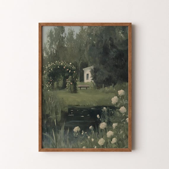 Rustic Garden Landscape Vintage Painting Moody Floral Pond Scene With Cottage Bench Gallery Wall Art Vi234