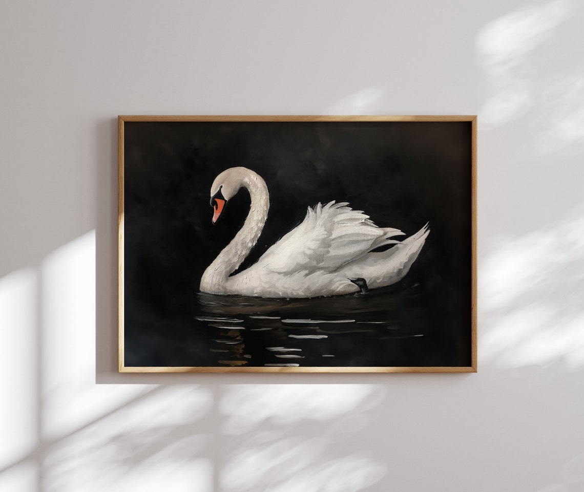 White Swan on Dark Water Dramatic Vintage Oil Painting Bird Poster - Image 2