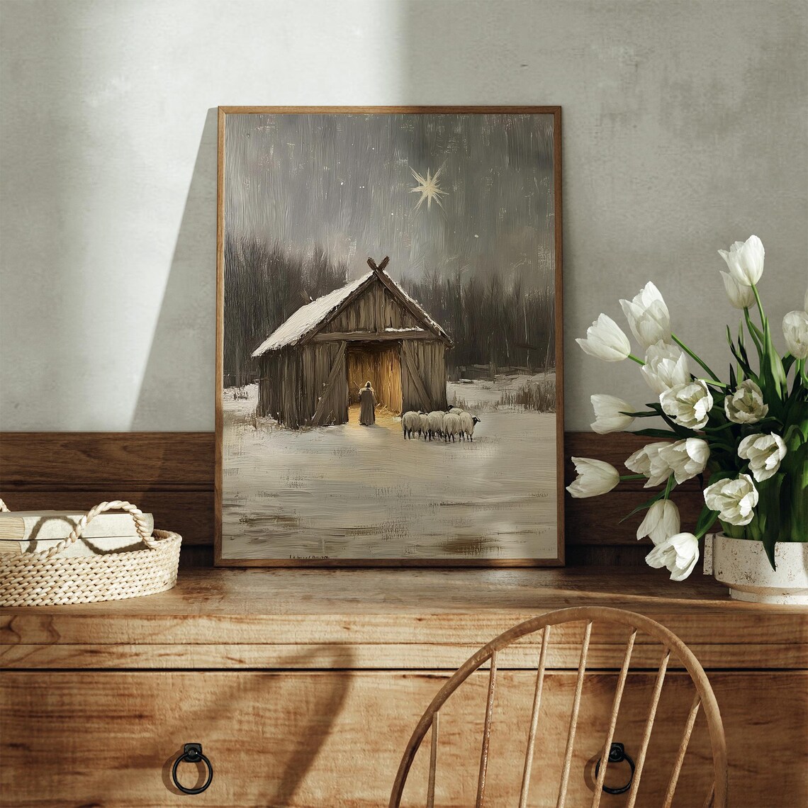 Vintage Rustic Nativity Scene, Winter Holiday Art Print - Image 3