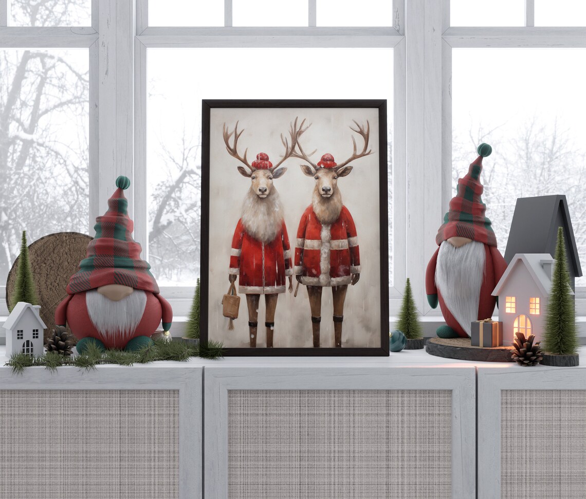 Two Stags in Red Fur Coats Festive Christmas Animal Portrait Poster - Image 2