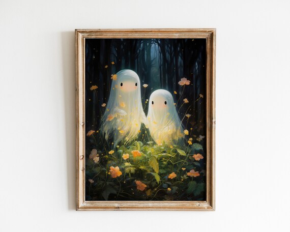 Two Glowing Ghosts In A Dark Mystic Flower Forest Halloween Poster