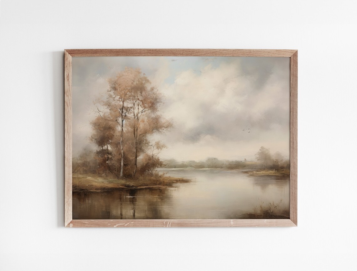 Autumn Lake Reflections Vintage Muted Tonal Landscape Painting Poster - Image 3