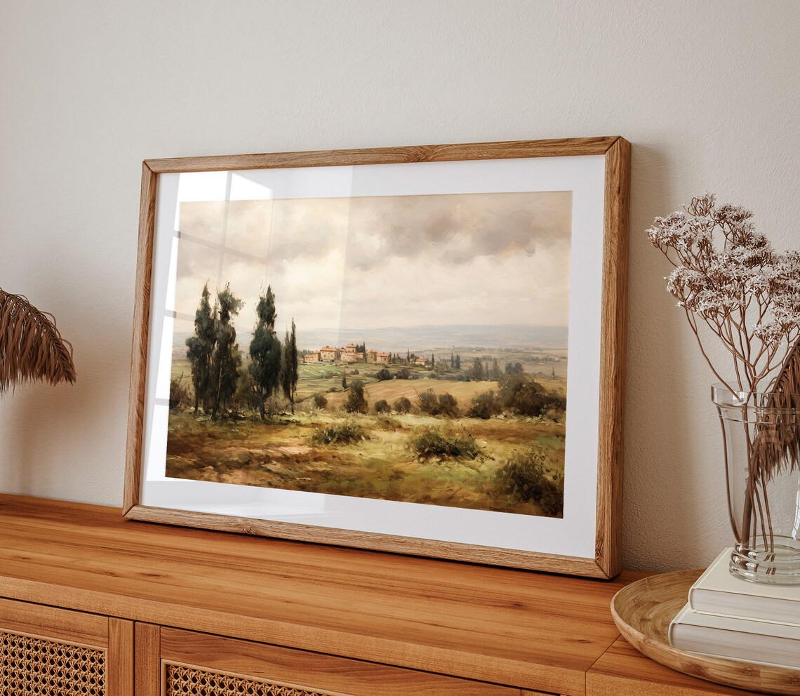 Italian Hilltop Village With Cypress Trees Vintage Painting Poster - Image 2