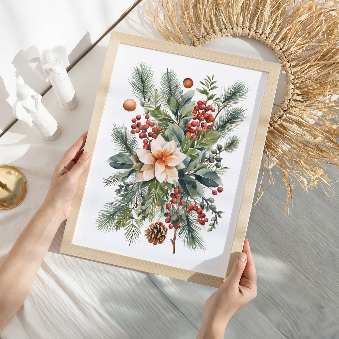 Winter Botanical Poinsettia Berries Watercolor Christmas Floral Poster - Image 2