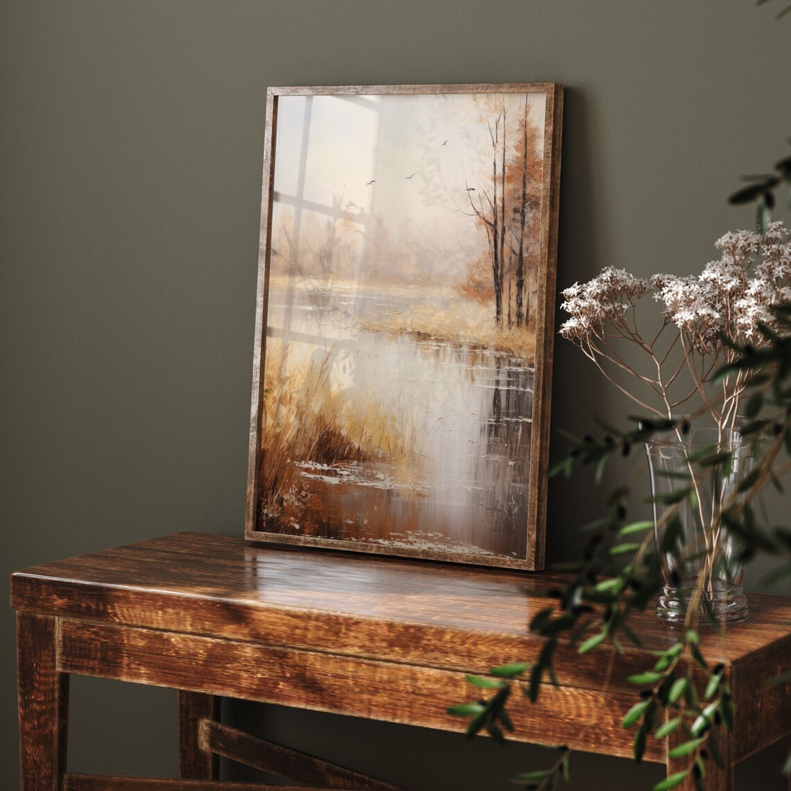 Autumn Lake with Golden Reeds and Bare Trees Misty Warm Landscape Poster - Image 2