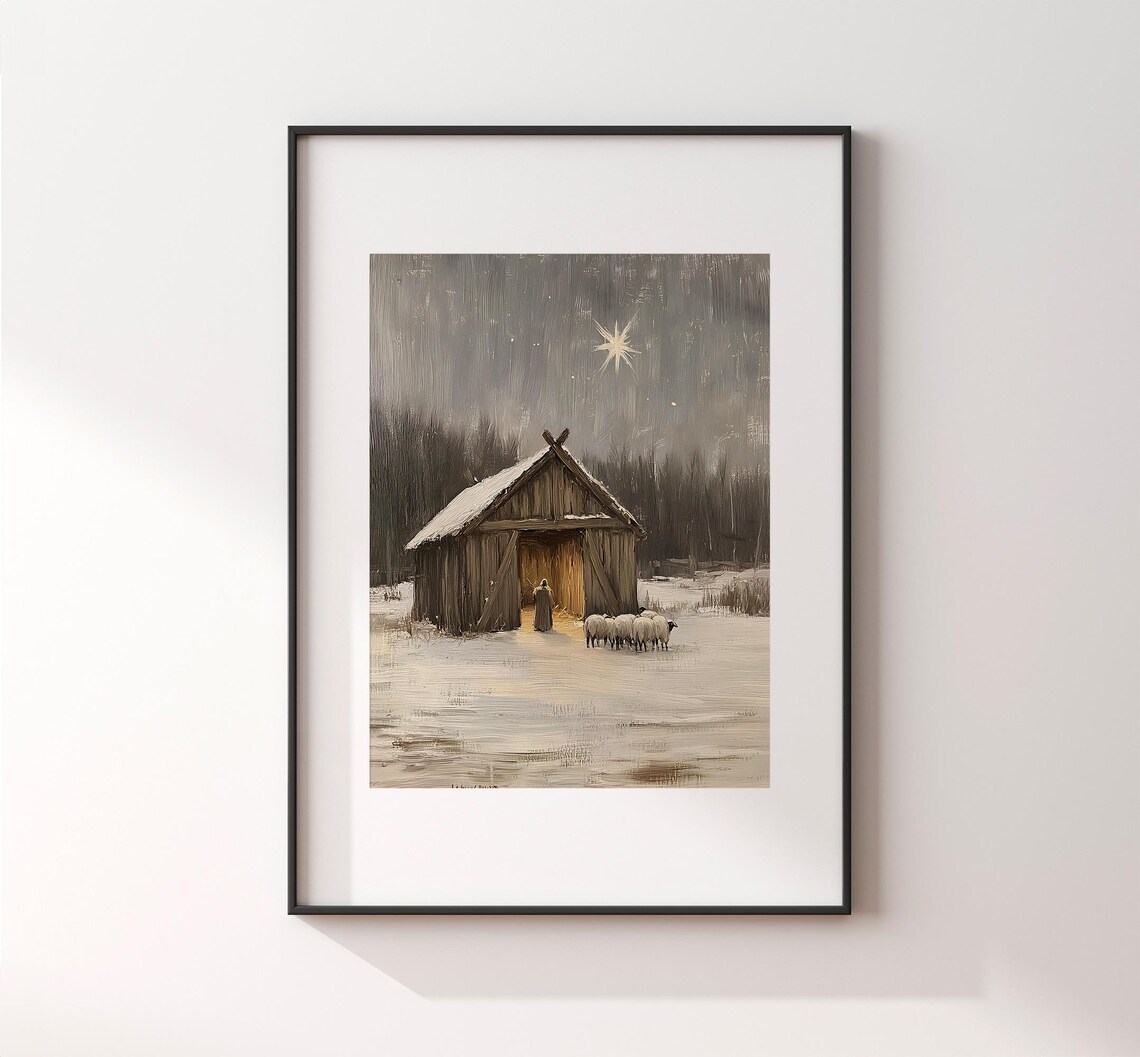 Vintage Winter Scene Painting, Rustic Christmas Shepherd - Image 2