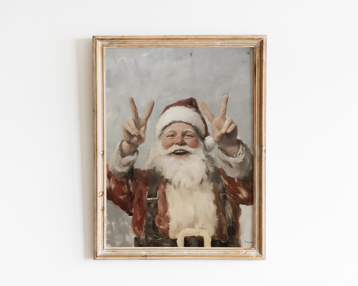 Jolly Santa Claus Peace Signs Vintage Christmas Portrait Poster