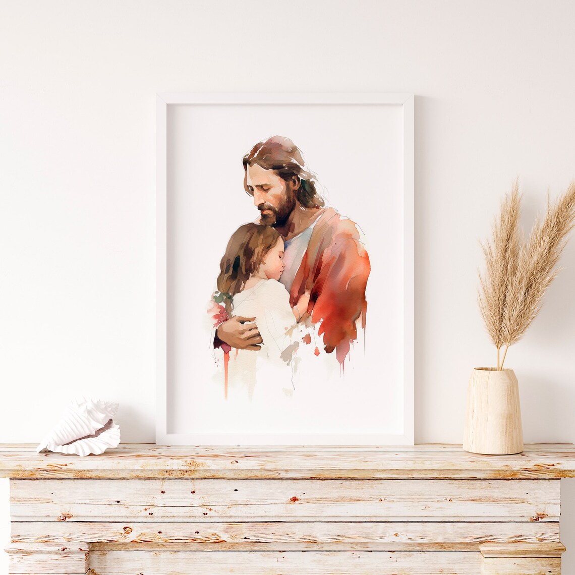 Jesus Embracing a Little Girl Watercolor Christian Faith Artwork Print - Image 2