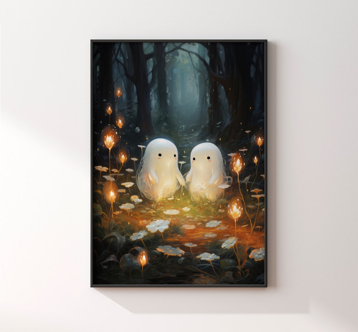 Two Cute Ghosts In Forest Halloween Decor Ghost Painting Funny Halloween Prints Nursery Wall Decor Wall Art - Image 3