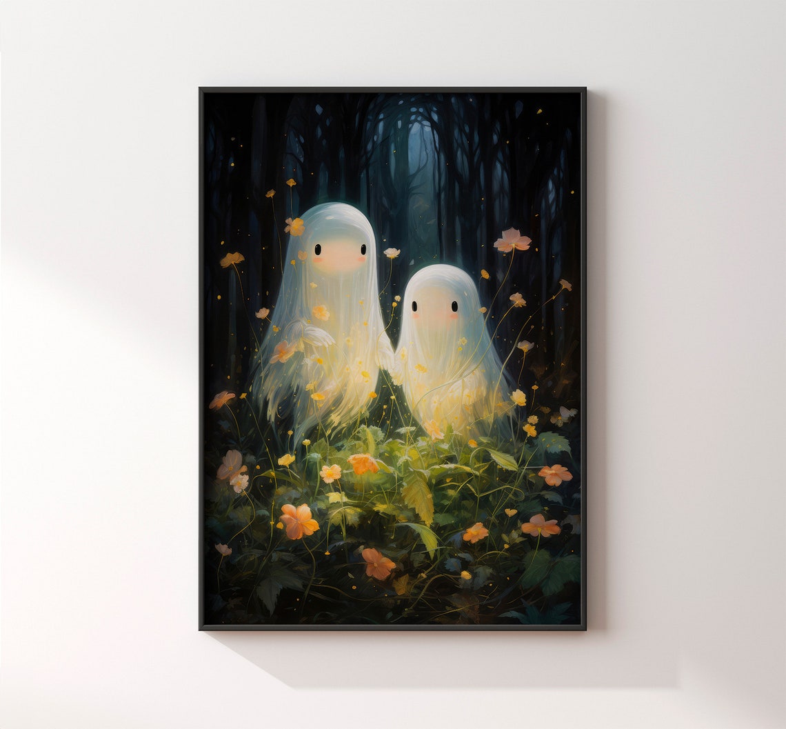 Two Glowing Ghosts In A Dark Mystic Flower Forest Halloween Poster - Image 3