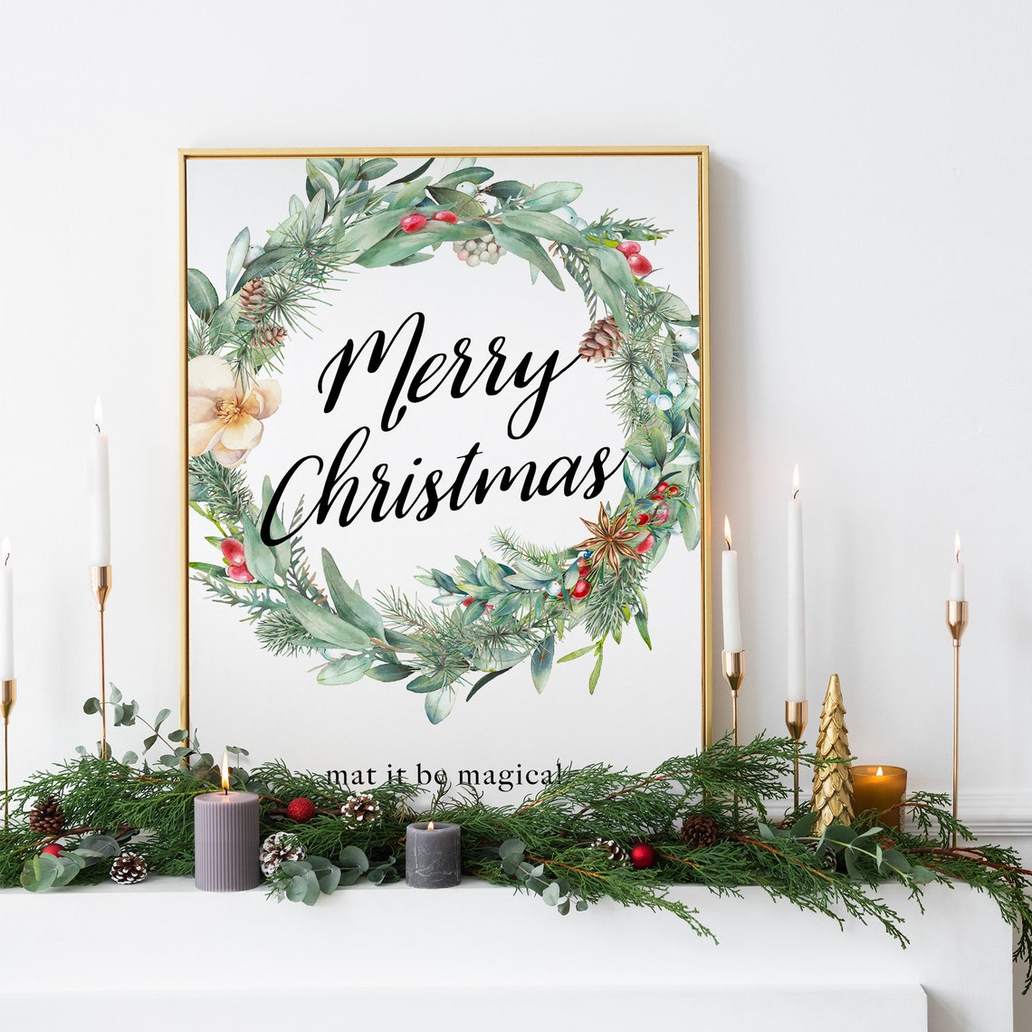 Merry Christmas Watercolor Wreath Botanical Holiday Script Poster - Image 4