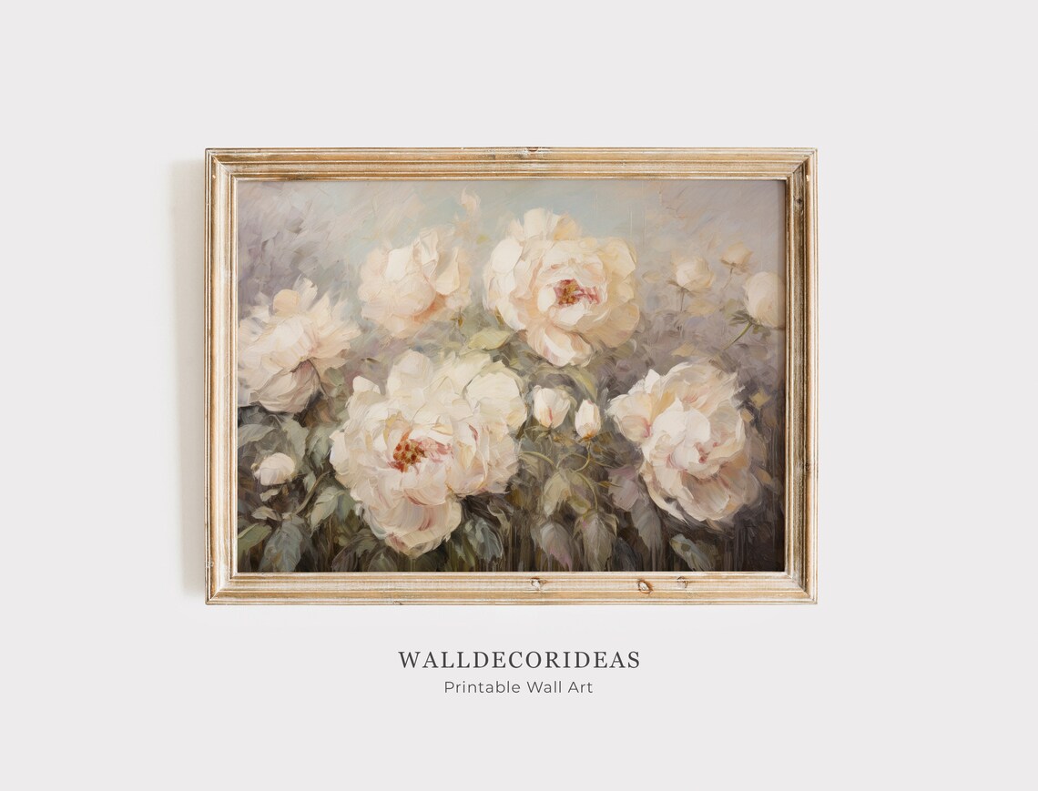 White Peony Blooms Vintage Impressionist Floral Oil Painting Poster