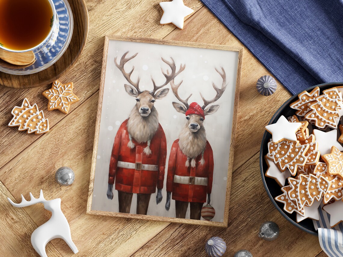 Dapper Stags in Red Coats Snowy Christmas Portrait Animal Poster - Image 4