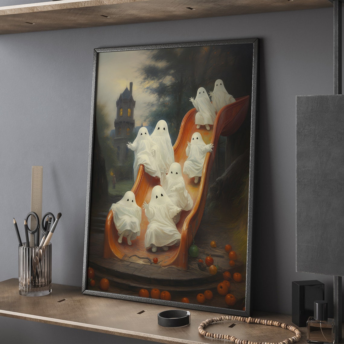 Playful Ghosts Riding A Red Slide Near Haunted Tower Halloween Poster - Image 2