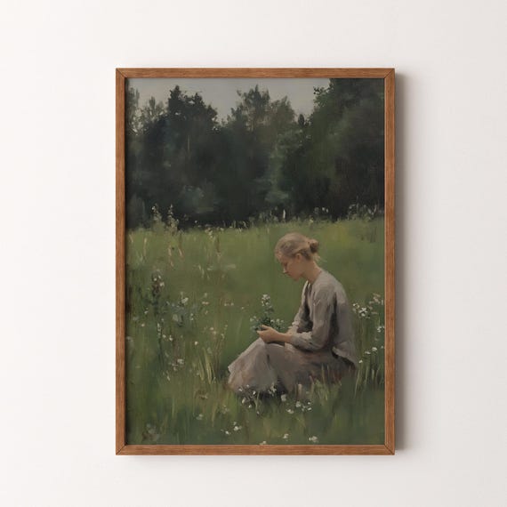 Vintage Figurative Painting Moody Woman In Nature Scene Vi193