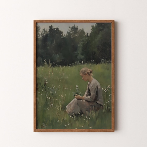 Woman Picking Flowers Meadow Green Field Dark Forest Edge Oil Poster