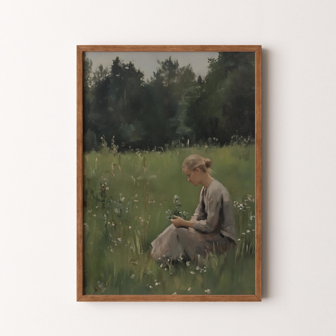 Woman Picking Flowers Meadow Green Field Dark Forest Edge Oil Poster