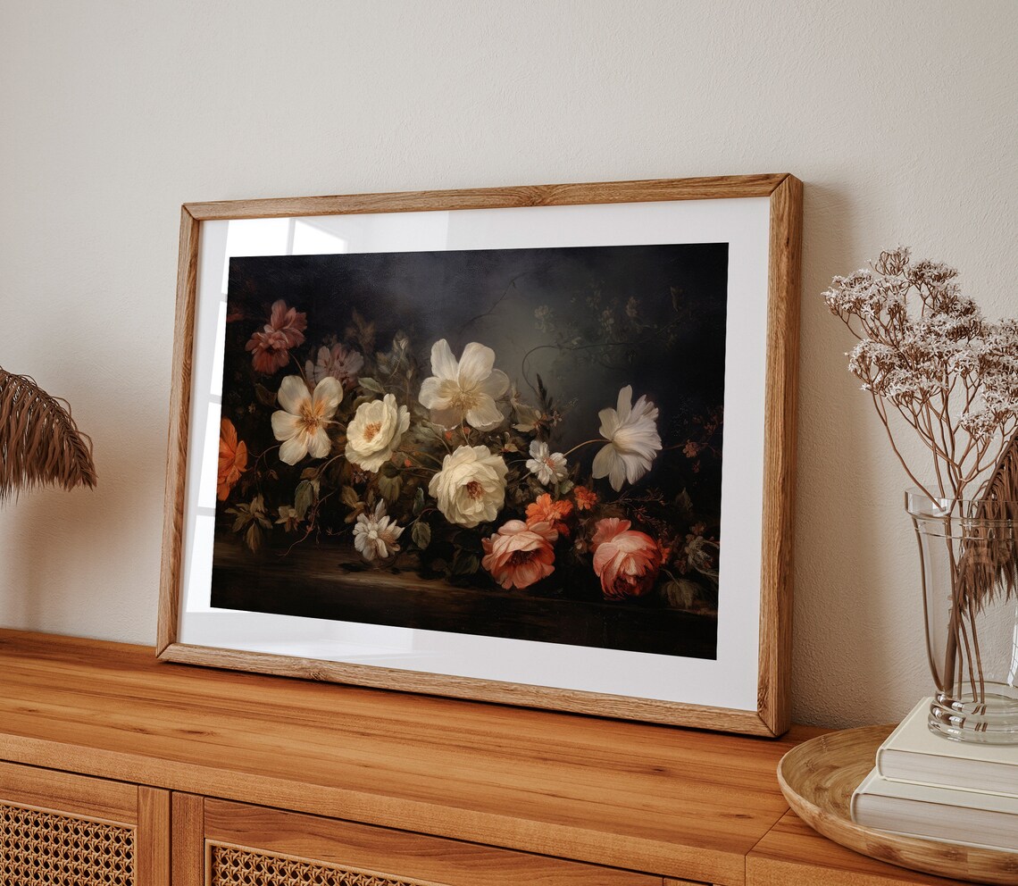 Vintage Flower Print, Dark Floral Still Life - Image 2