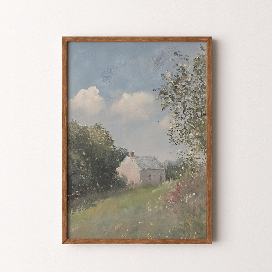 Pink Cottage On Sunny Hill Vintage Countryside Garden Painting Poster