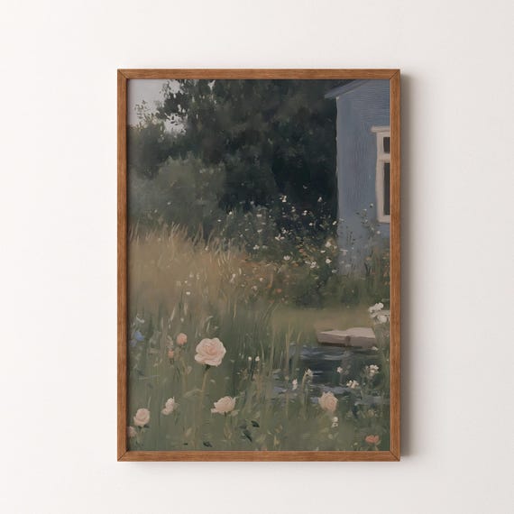Vintage Rose Garden Painting Moody Floral Landscape Wall Art Vi228
