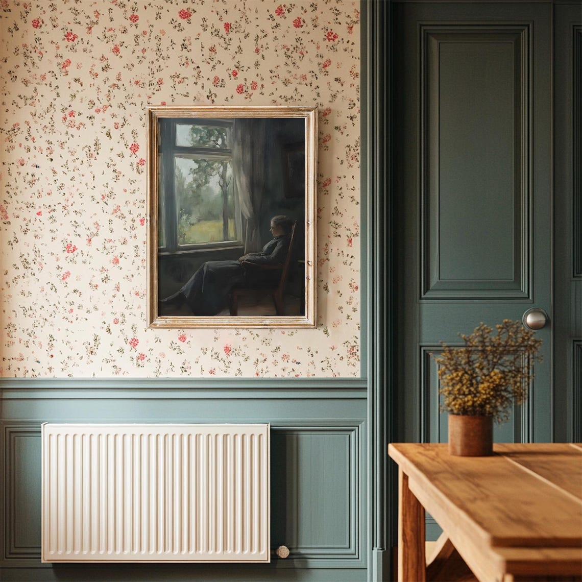 Woman By Window Dark Interior Gaze Moody Contemplative Art Poster - Image 3