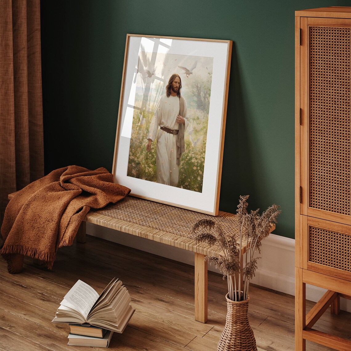 Jesus Christ Walking In Wildflower Meadow With Doves Inspirational Art Poster - Image 2