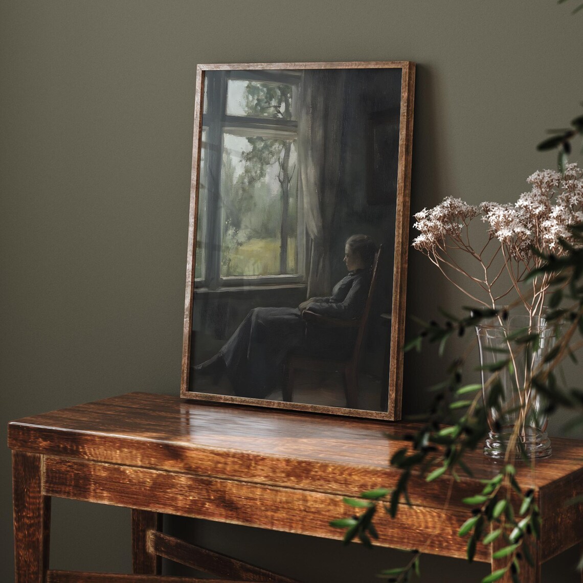 Woman By Window Dark Interior Gaze Moody Contemplative Art Poster - Image 6