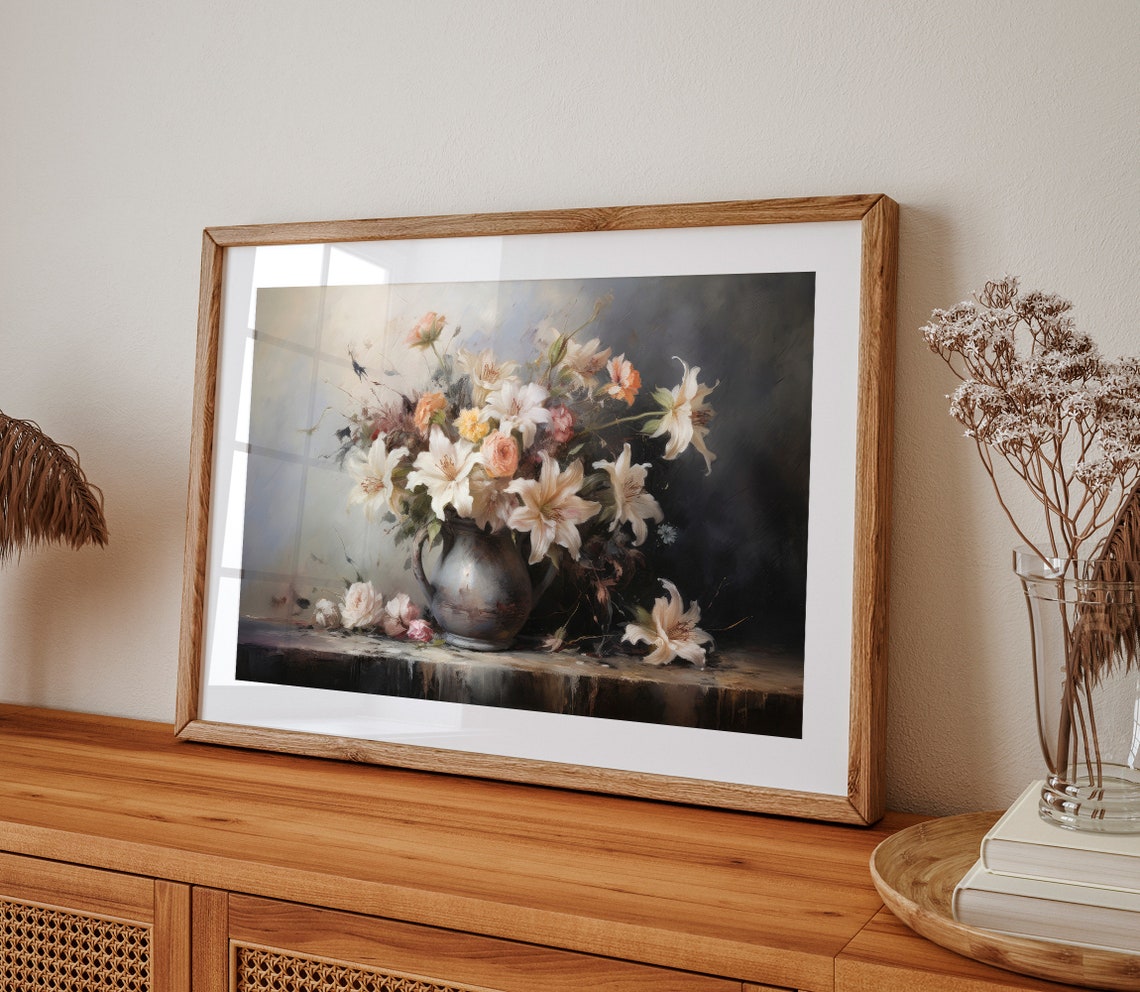 White Lily Bouquet In Antique Vase Moody Floral Painting Poster - Image 2