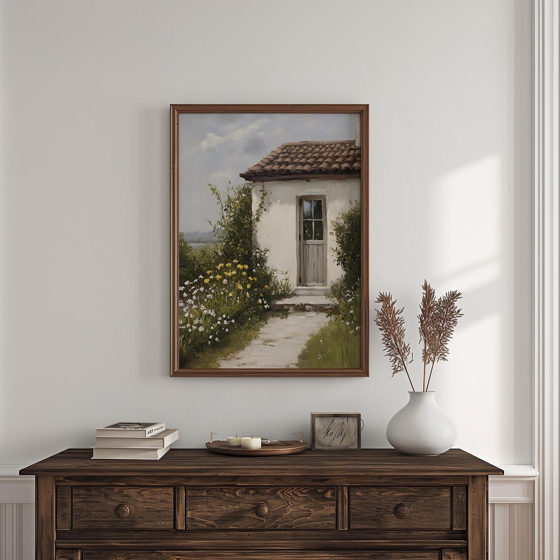 White Cottage With Wildflower Garden Path Terracotta Roof Spring Scene Poster - Image 3