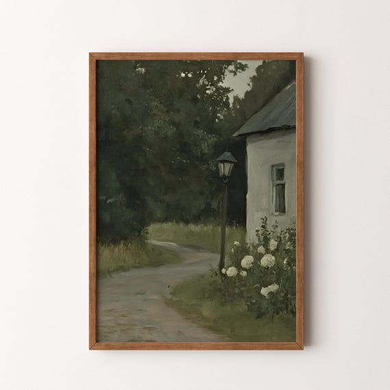 Vintage Cottage House Painting Moody Green Neutral Landscape Gallery Wall Art Vi246
