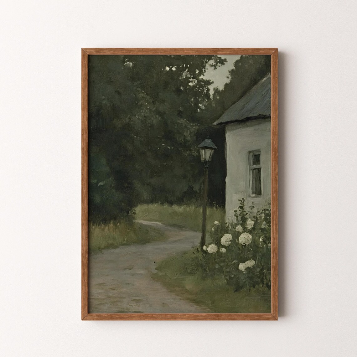 Dusk Cottage Path Vintage Lamppost White Roses Moody Night Poster