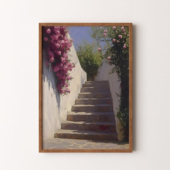 Moody Rose Garden Stairway Vintage Painting Romantic Floral Wall Art Vi223