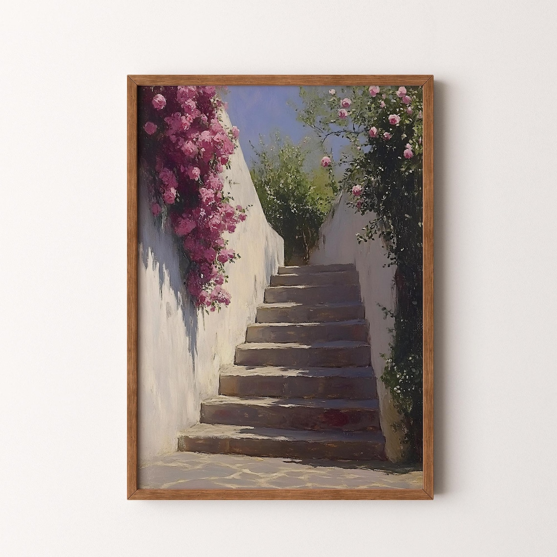 Sunlit Stone Stairway Bougainvillea White Walls Mediterranean Poster