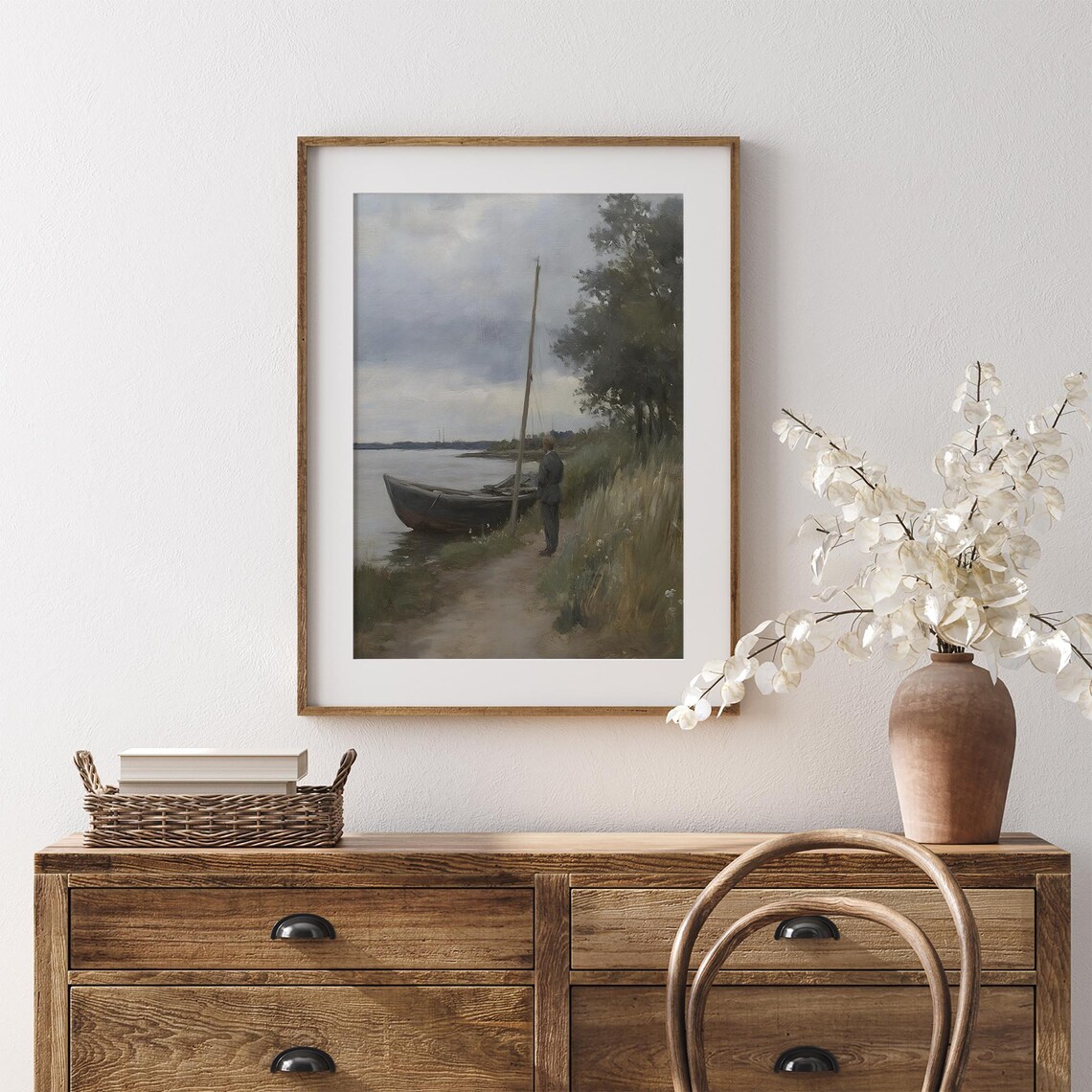 Fisherman Wooden Boat River Shore Cloudy Sky Coastal Scene Oil Poster - Image 7