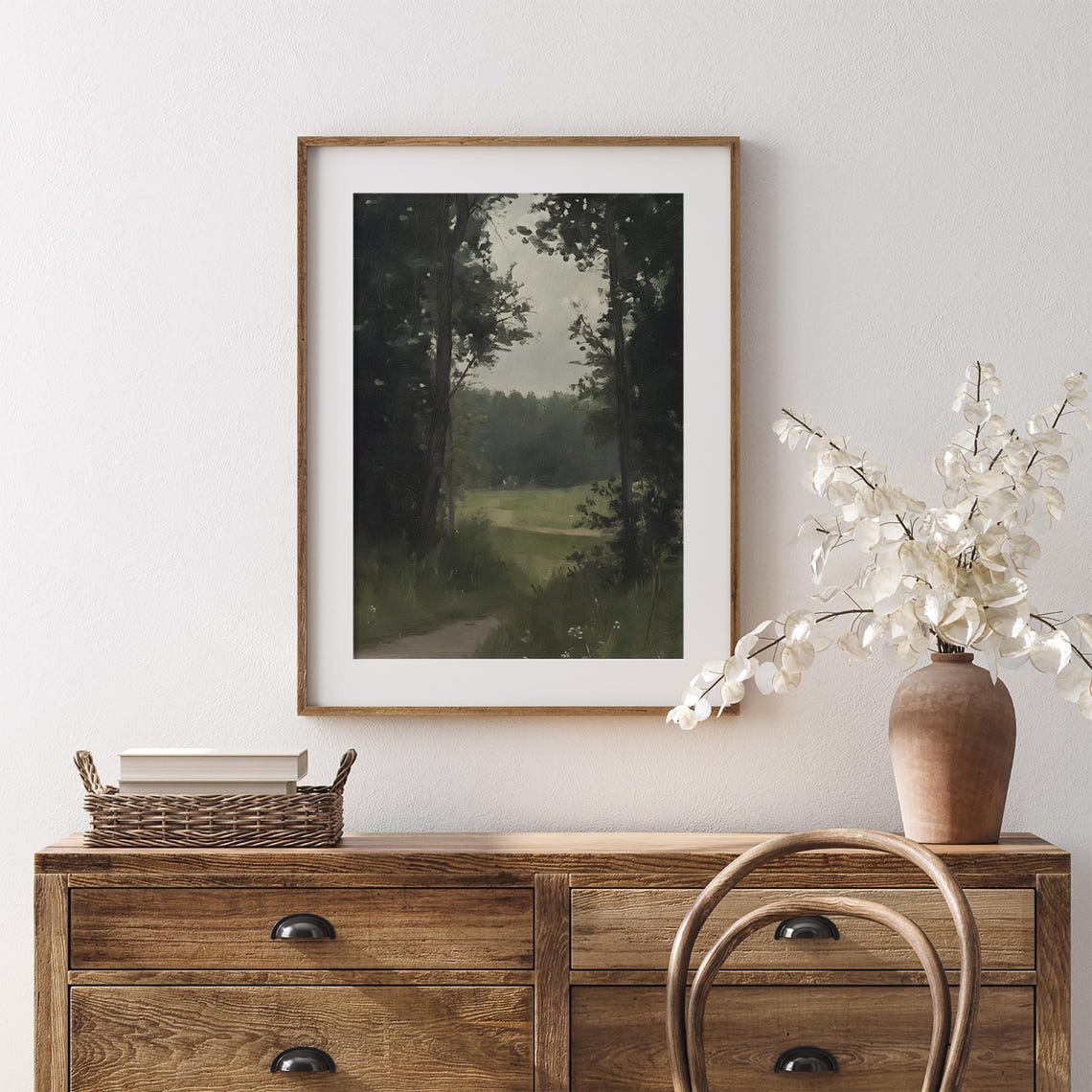 Dark Forest Path Between Tall Trees Moody Woodland Painting Poster - Image 7