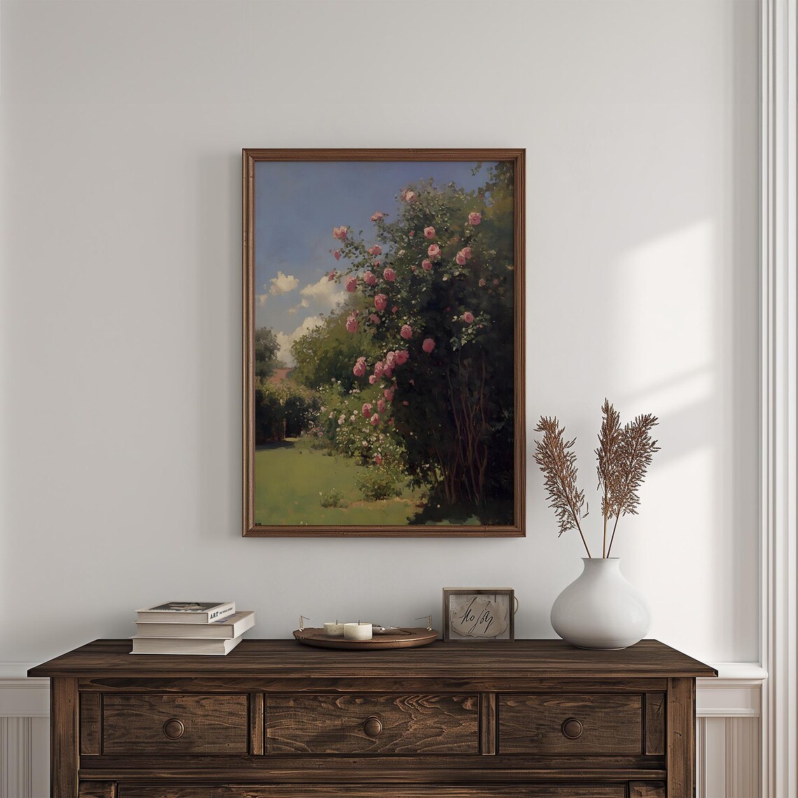 Vintage Rose Garden Painting, Flowering Tree Art - Image 4