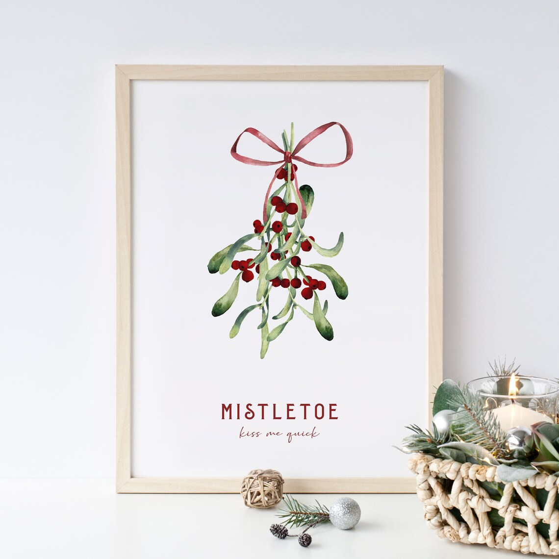 Mistletoe Kiss Me Quick Watercolor Botanical Christmas Poster - Image 4