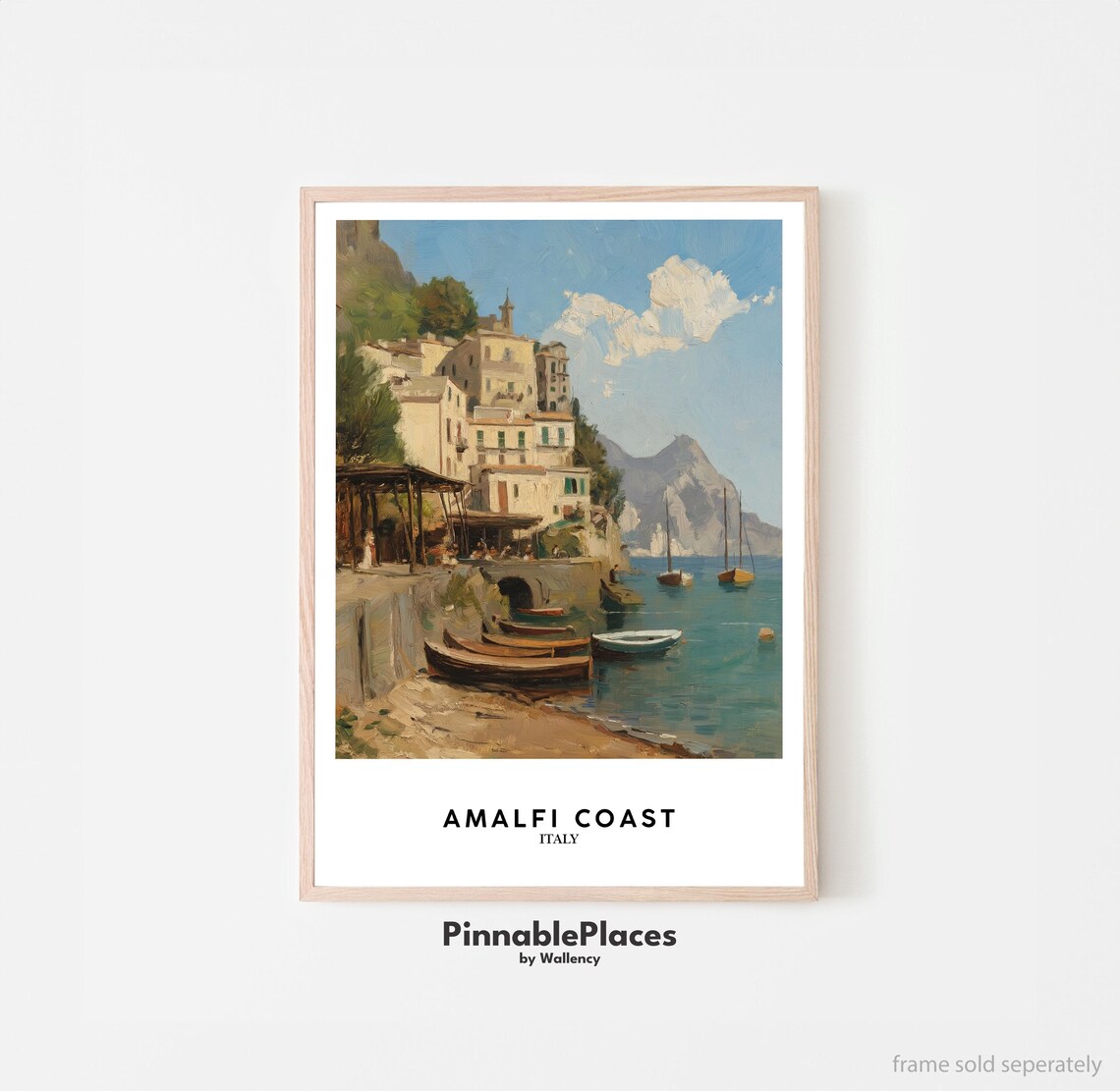 Amalfi Coast Italy Oil Painting Seaside Boats Village View Poster